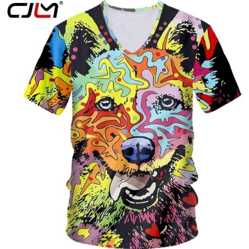 CJLM Man Casual V Neck T-shirt 3D Printed Dog Pattern Unisex Wholesale Oversized Mens Colorful Funny Animal Tshirt