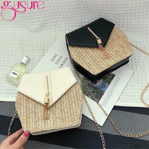 Gusure Small Handmade Straw Bags Summer Wild Female Chains Shoulder Crossbody Cover Bag Metal Tassel Beach Hexagon Purse
