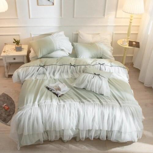 Cotton Comforter Bedding Set With Bed Skirt King Size parrure de lit 2 personnes Green Color Quilt Covers Set For Double Bed