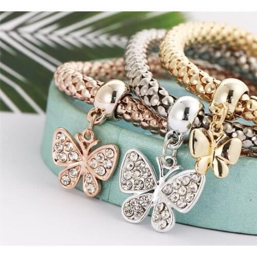 Korean alloy three-color set stretch popcorn corn chain set with butterfly pendant bracelet lady