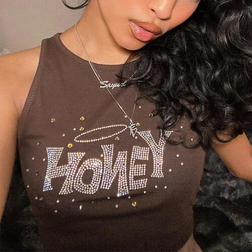 ArtSu Honey 2021 Brown Rhinstone Letter Basic Crop Top Summer Y2K Casual Women Sleeveless Sexy Tank Tops Streetwear VE52703