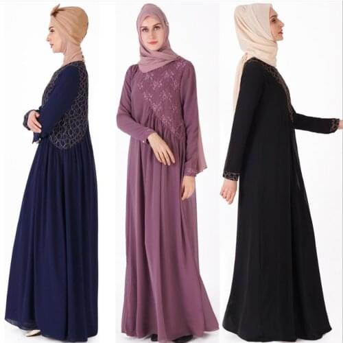 Muslim adult pure color lace stitching abaya Arab muslim abaya Dress Musical Robe prayer big swing dress wq257 dropship