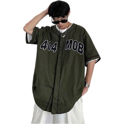 2021 Summer Men Oversize Shirt Single Breasted Baseball Shirt Casual Loose Fashion Chic Japan Style Half Sleeve Tops