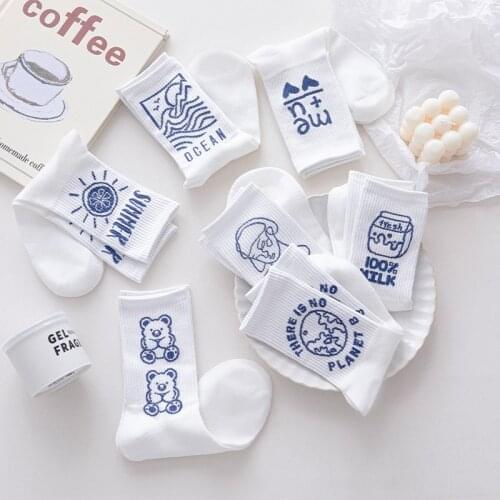 2021 New Cartoon Print White Socks For Women Simple Cute Little Bear Milk Pattern Girl Sock Fashion Harajuku Trend носки женские