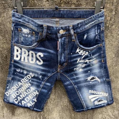 New Dsquared2 Mens Stitching Letter Print Denim Shorts Fashion Slim-Fitting Ink-Spray Stretch Five-Point Pants