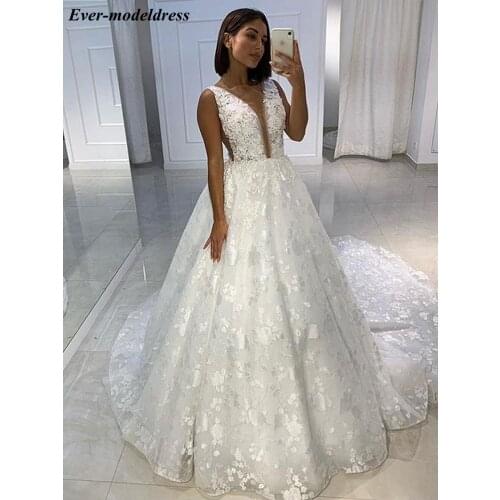 Full Lace Wedding Dresses Sheer Neck Sleeveless Open Back Appliques Sweep Train Bridal Gowns Vestidos De Noiva Robe De Mariee