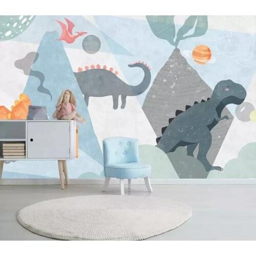 Custom 3D mural wallpaper Nordic minimalist hand-painted cartoon dinosaur planet volcano children room background