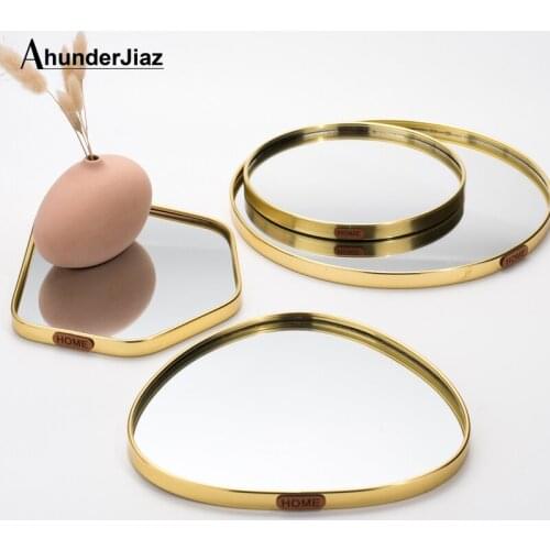 Nordic Light Luxury Metal Glass Jewelry Display Plate Geometric Mirror Tray Golden Jewelry Storage Ring Dish Wedding Gift Home