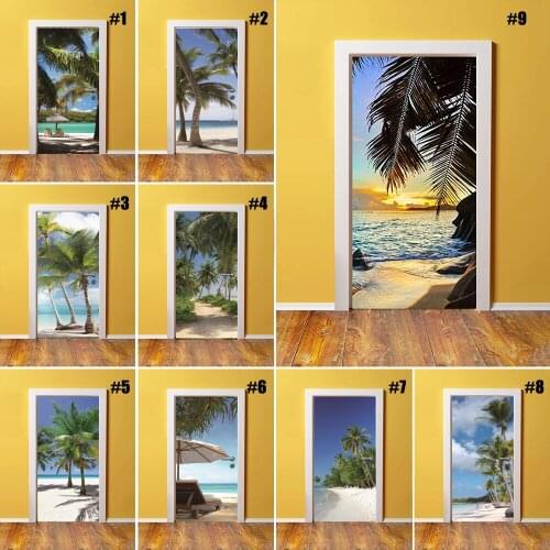 3D Self Adhesive Wall Art Decal Coconut Tree with Sea View Door New Sticker For Home Door Decor Renovation Print Canvas Picture
