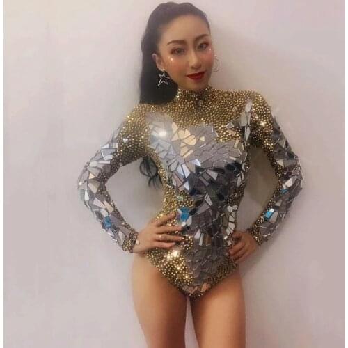 Sexy Women Shining Silver Sequins Rhinestone Dress Birthday Bright Costume Prom Bling Mirrors Dresses Evening Outfit