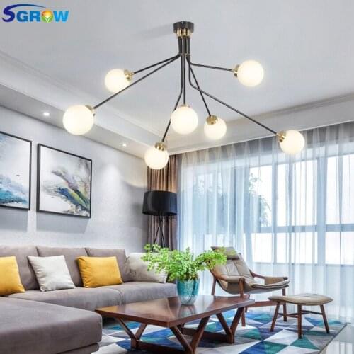 SGROW Nordic Metal Glass Lampshade Chandelier Modern Magic Bean Hanging Lamps Art Light Fixtures for Living Room Dinning Room