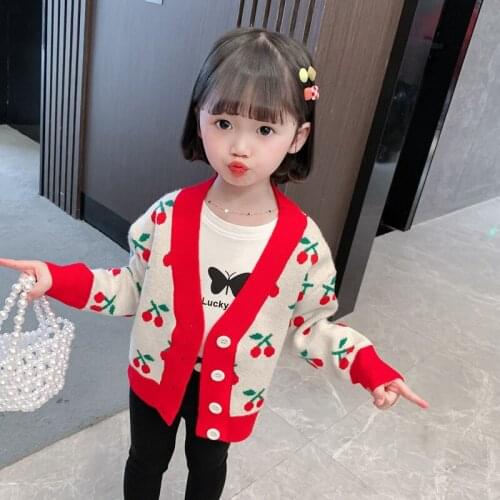 Girl Sweater Kids Knitting Outwear Tops 2021 Cherry Fleece Thicken Warm Winter Autumn Overcoat Homewear Children Clothing