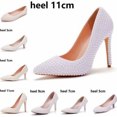 Crystal Queen Pointed Toe Beige White Pearl Wedding Shoes Thin Heels Shoes Bridal High Heels Shoes Female Party Pumps