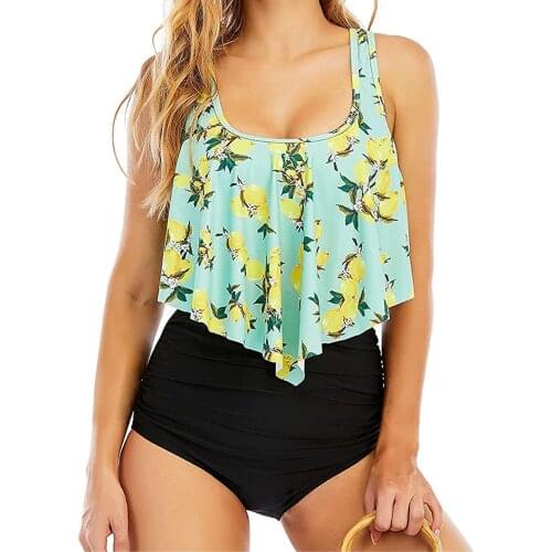 Yellow And Lemon Print High-waist Bikini Sets Ruffle Swimsuit Women Sexy Two Pieces Swimwear 2021 Beach Bodysuits Zwempak #T4G