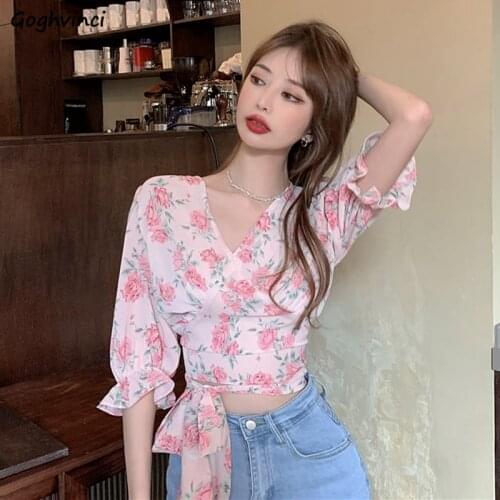 Cropped Blouses Women Slim Bow V-Neck Sweet Elegant French Temperament Flare Sleeve Print Ladies Tops Summer Fashion All-match