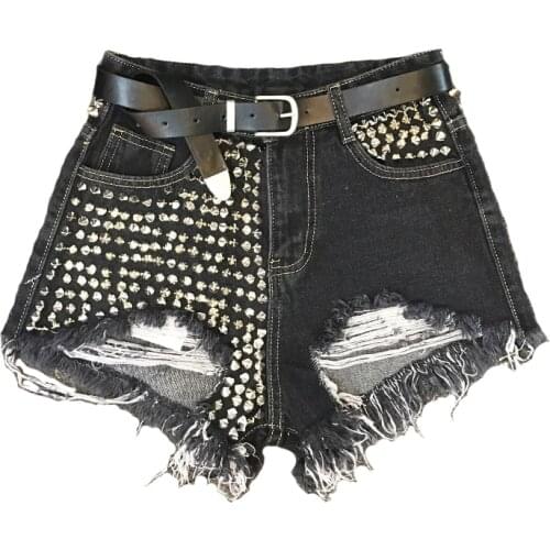 Tassel with rivet beading denim shorts female high waist rivet beading hole denim shorts punk street style hot shorts wq1627