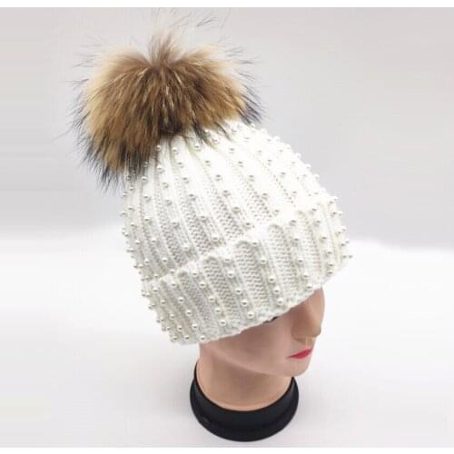 Winter Womens Nature Raccoon Fur Pom Pom Knitted Beanies Rhinestone Beads Pearl Skullies Girls Real Fur Knit Caps Bonnet Hat