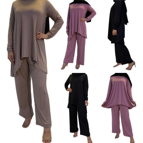 Women Muslim Set 2pcs Casual Loose Arab Suits Ramadan Eid Islamic Clothing Middle East Malaysia Long Sleeve Tops Pants Fashion