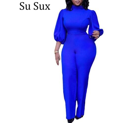 Lanter Sleeve Jumpsuit Women Office Lady Rompers Blue Stand Collar High Waist Long Pants Jumpsuit Temperament Vestidos 2021