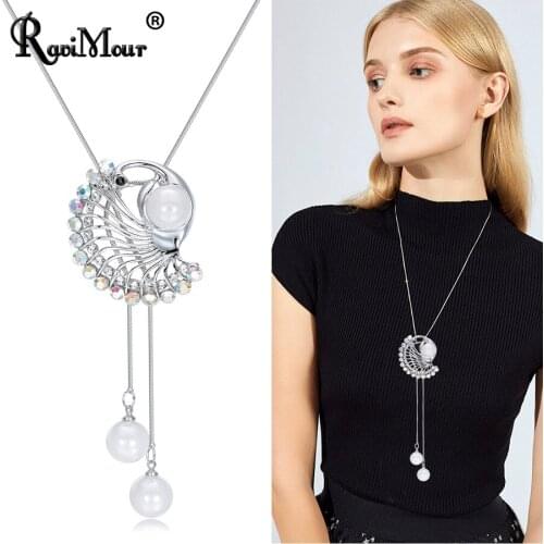 RAVIMOUR Long Necklace Women Fashion Jewelry 2019 Sweater Chain Peacock Pendants Necklaces Pearl Ketting Choker Wedding