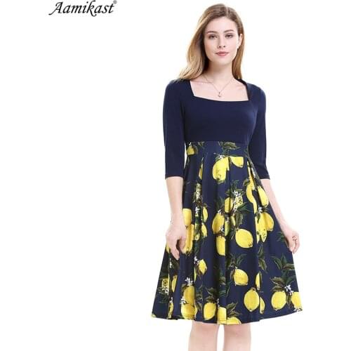 Autumn Women Dress Elegant Vintage Print Square Collar Casual Business Party Fit and Flare Swing Skater A-Line Dress robe
