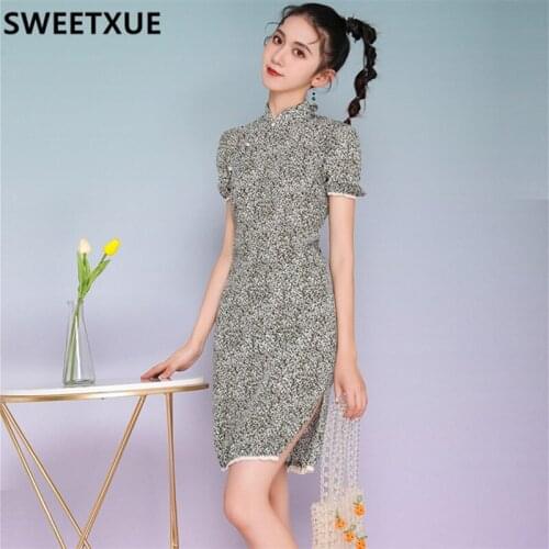 SWEETXUE Plaid Cheongsam Chinese Style Retro Print 2021 Women New Young Girl Dress