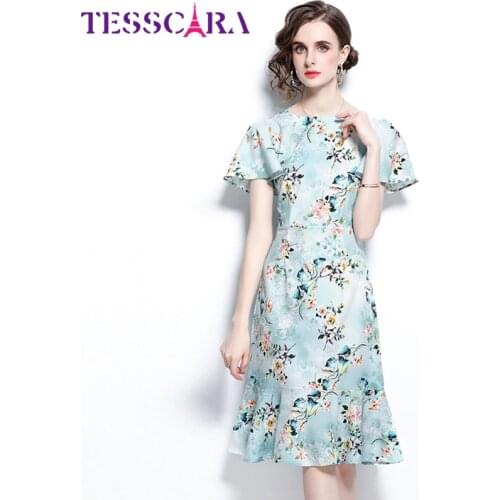 TESSCARA Women Summer Elegant Floral Dress Festa High Quality Blue Wedding Party Robe Femme Runway Designer Trumpet Vestidos