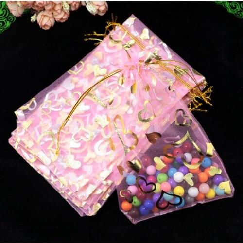 200pcs/lot Pink Organza Bags 7x9cm Wedding Favors Gifts Jewelry Packaging Bag Small Heart Design Organza Pouches Candy Gift Bags