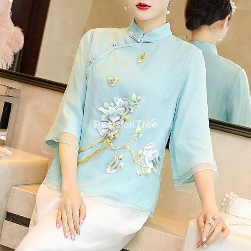 2021 traditional ladies floral embroidered silk chinese blouse qipao top chinese style mandarin collar middle sleeve tang blouse