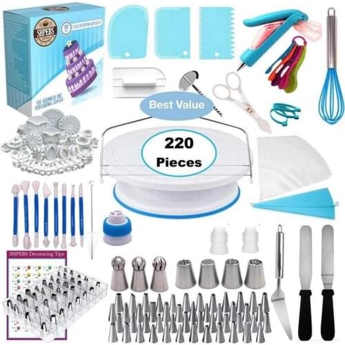 220 Pcs/Set DIY Cake Decorating Baking Stainless Steel Cream Nozzle Piping-nozzles Silicone Pastry Bag Kit Reusable for Kitchen