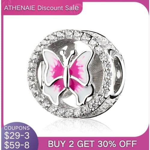 ATHENAIE 925 Sterling Silver with CZ Rose Red Enamel Fluttering Butterflies Bead Charms