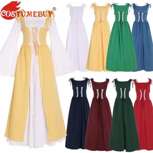 Costumebuy Womens Irish Renaissance Retro Gown Chemise Overdress Boho Bell Costume Medieval Off Shoulder Outwear Dress S-5XL