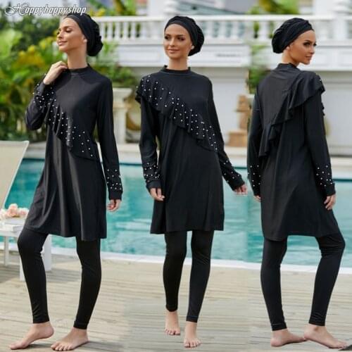 Elegant Beaed Outfits 3 Pieces Muslim Women Full Cover Swimwear Outdoor Hijab Swimming Cap Long Tops Pants Modesty Burkinis Sets