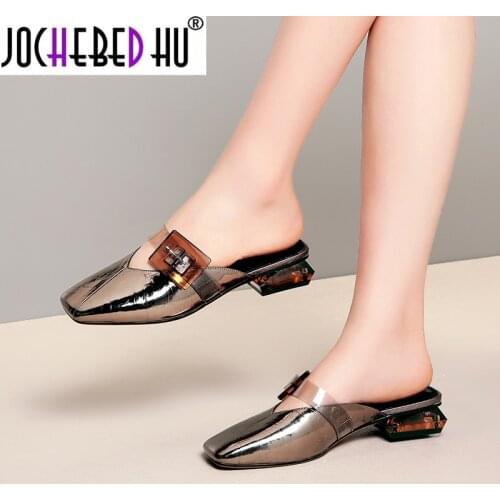 【JOCHEBED HU】2021 New Mules Shoes Women Sexy Pumps Big Buckle Decoration Small Sqaure Toe Low Heels Spring Summer Pumps Nigh Clu