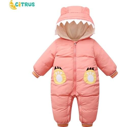 CITRUS Cute Dinosaur Baby Winter Jumpsuit Girls Winter Rompers Cartoon Hooded Newborn Warm Outfit Children Boys Coat Clothes