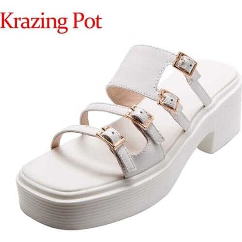 Krazing Pot genuine leather square toe high heel simple style metal fasteners high street fashion slip on mules women pumps L80