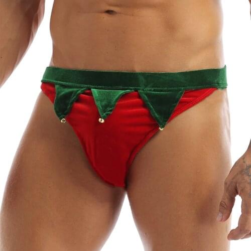 Mens Soft Velvet Lingerie Panties Christmas Tree Christmas Holiday Fancy Santas Cosplay Costume Bells Briefs Underwear Underpant