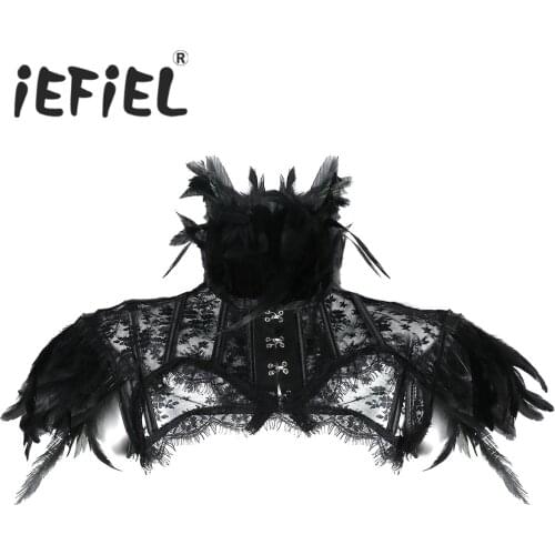 Women Retro Vintage Punk Gothic Feather Collar and Shoulder Lace Cape Bolero Jacket Shrug Tops Halloween Cosplay Costumes Cape