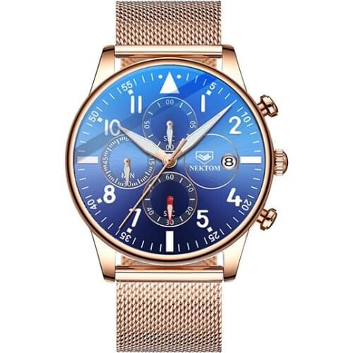 NEKTOM 8195 Männer Uhren Marke Mode Sport Quarzuhr Männer Chronograph Stahl Mesh Gürtel Wasserdichte Armbanduhr Geschenke