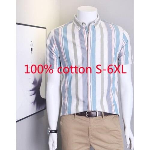 New Summer 100% Cotton Short Sleeve Men Oxford Spinning Fashion Stripe Casual Shirts Plus Size S M L XL 2XL 3XL 4XL 5XL 6XL