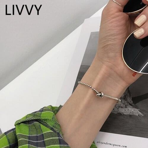 LIVVY Thai Silver Color Creative Simple Geometric Knot Bracelet for Women Trendy Bead Chain Birthday Party Jewelry Gifts
