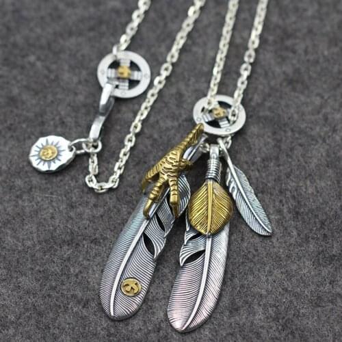 Retro Thai Silver Eagle Feather Brass Shell Pendant S925 Sterling Silver Tai Kok Necklace Chain Takahashi Goro High-end Necklace