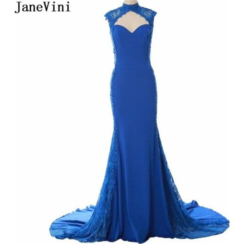 JaneVini Chic Splice Lace Mermaid Long Bridesmaid Dresses Sweetheart Appliques Backless Blue Beaded Sexy Dubai Formal Prom Gowns