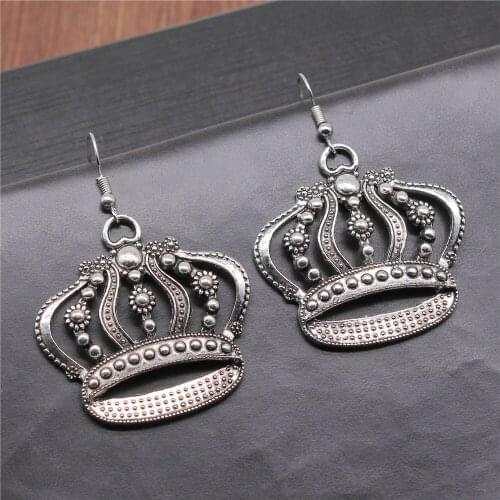 Vintage Antique Silver Color 42x41mm Big Crown Charms Dangle Earrings Fit Women Party Gift Drop Earrings