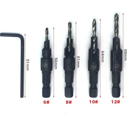 Woodworking Hole Countersunk Head Drill HSS 1/4 Hex Shank Countersunk Drill Bit Tapper Tool Countersunk Head Carpenter Drill Set
