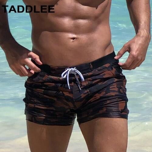 Taddlee Brand Sexy Mens Swimwear Swimsuits Swim Boxer Briefs Bikini Gay Penis Pouch Surfing Board Trunks Camo Pockets Shorts