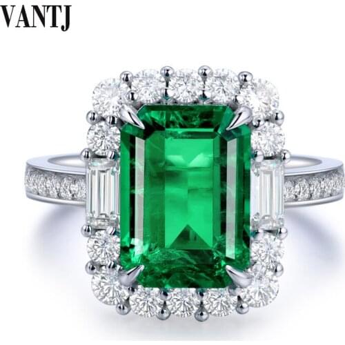 VANTJ Real 10K Gold Rings Sterling Lab Grown Emerald "CCE" Moissanite Created Gemstone Oct 8*12mm for Women Party Wedding Gift