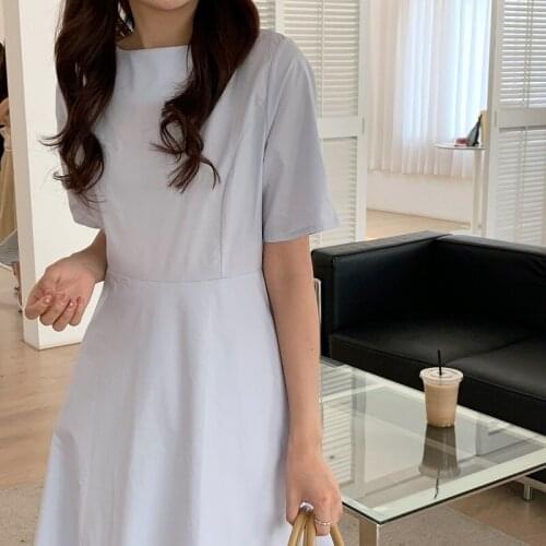 Summer Long Dress O-Neck Elegant Party Dress Short Sleeve Vintage Midi Dress Solid French Simple Cotton High Waist A-Line