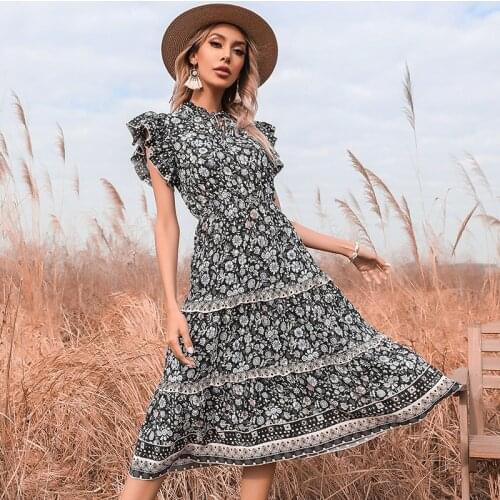 DUISNENA boho dress high neck court style women dresses elastic high waist black white floral print ruffle vintage robe vestidos