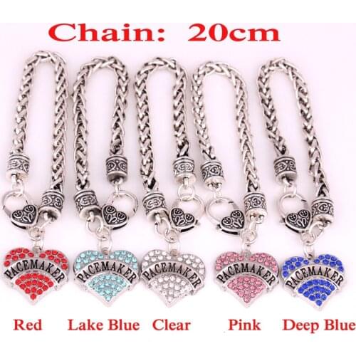 PACEMAKER Awareness Alert Crystal Heart silver plated Charm With 20cm Wheat Chain Lobster Claw Bracelet Medical sign jewelry
